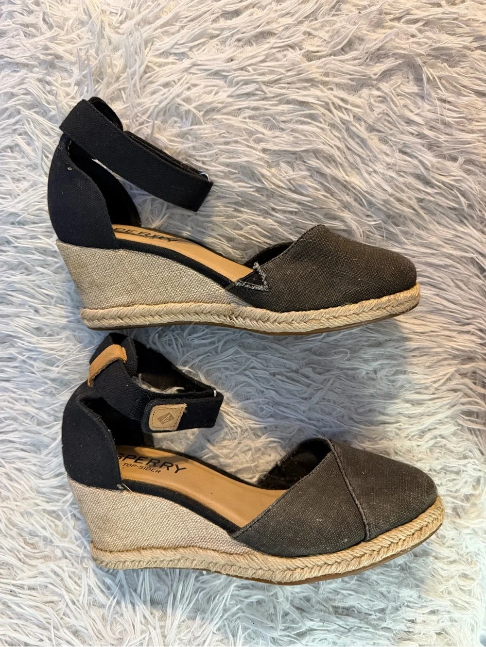 Sperry Black Canvas Espadrille Wedge Sandals with Ankle Strap